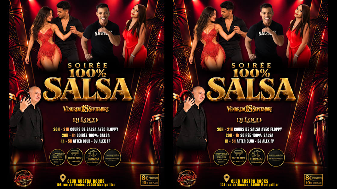 Affiche Soirée 100 % Salsa Vendredi 18 Septembre • Club Austra Rocks, Montpellier · Billets Shotgun