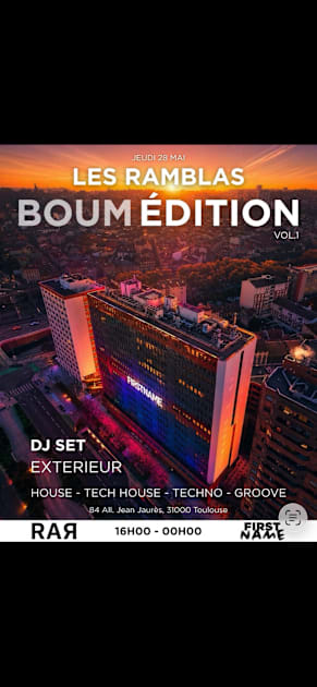 Les Ramblas, Boum Édition / Inauguration Terasse Firstname - Soirée techno le jeu 28 mai à FirstName Toulouse