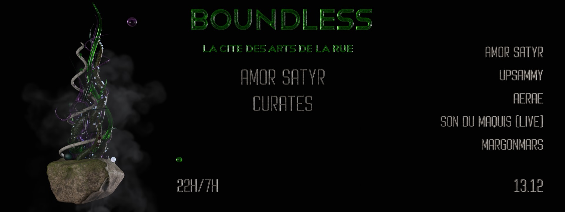 Sois prêt.e à embarquer pour un voyage hypnotique samedi 13.12... une nuit 100% organisée par Amor Satyr, résident du Boundless Collectif. Ça promet 🔊