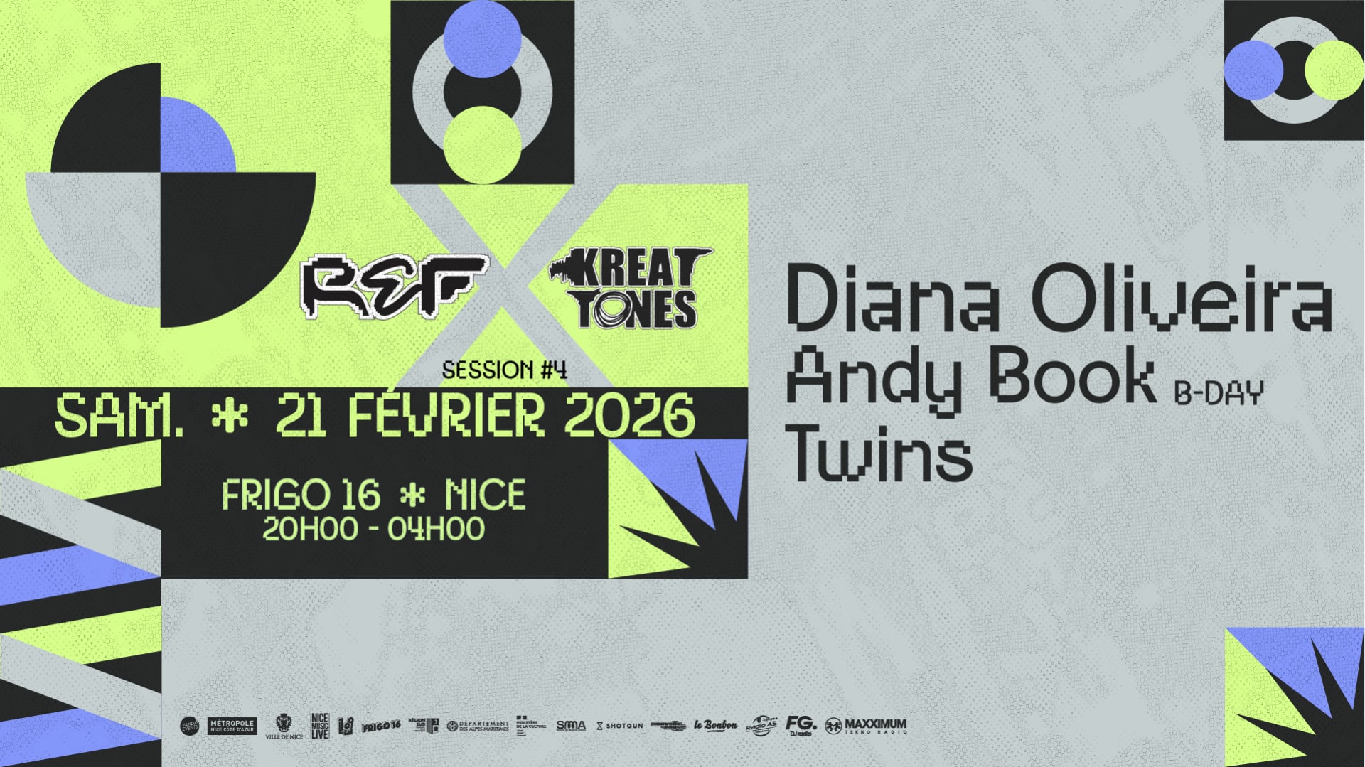 Le 21 février à Frigo 16 à Nice, Ref Session #4 t’embarque pour une nuit house et techno façon 🇵🇹 avec Kreattones, Diana Oliveira, Andy Book et Twins. Places disponibles, viens te perdre dans des sets immersifs et uniques jusqu’au matin ✨