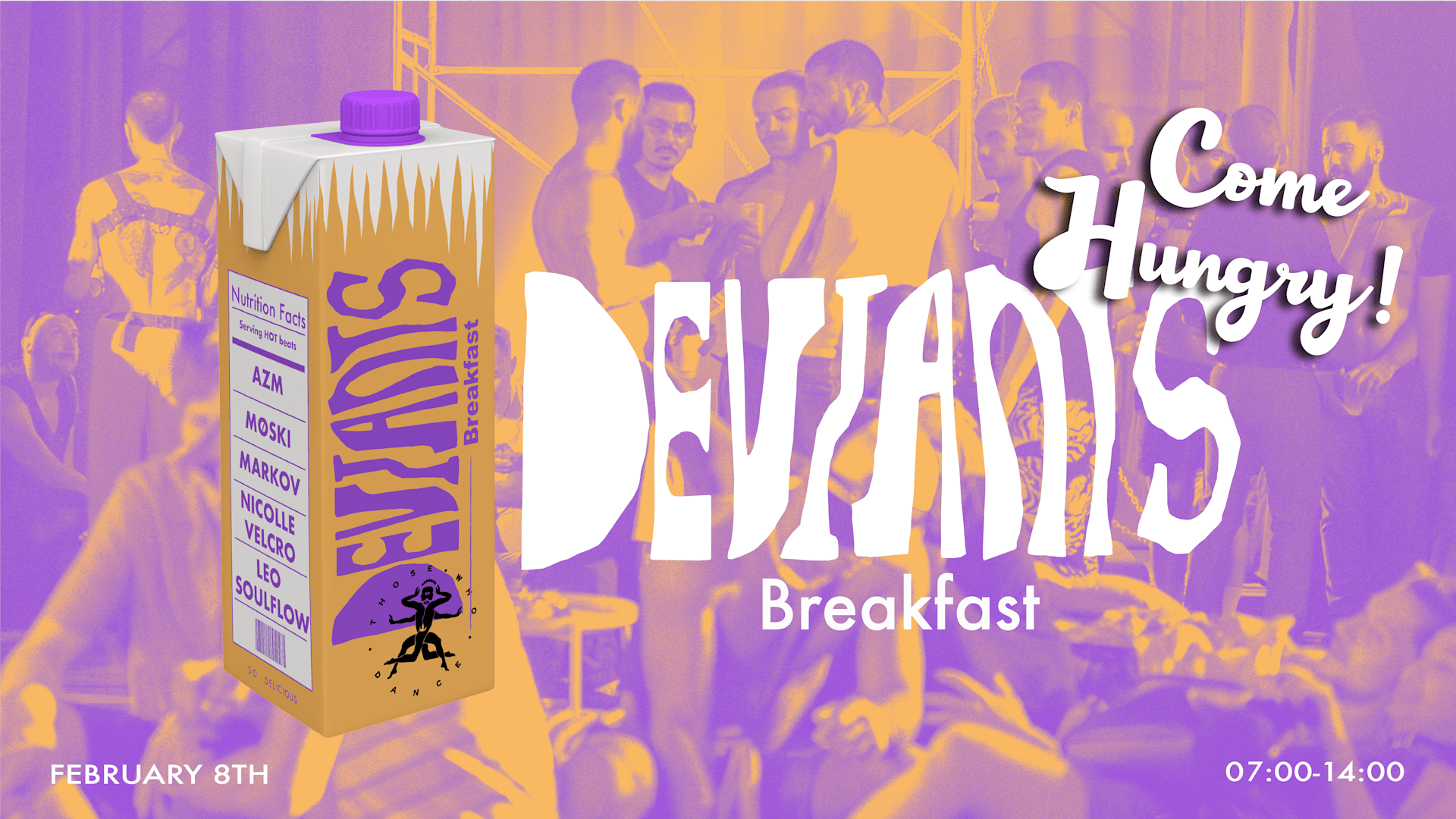 DEVIANTS BREAKFAST: Your late night / early morning dance.
O after que mistura pista, desejo e pequeno-almoço. Cocktails, açaí bowls, croissants e café ao som de AZM, Leo Soulflow, Markov, Møski e Nicolle Velcro.