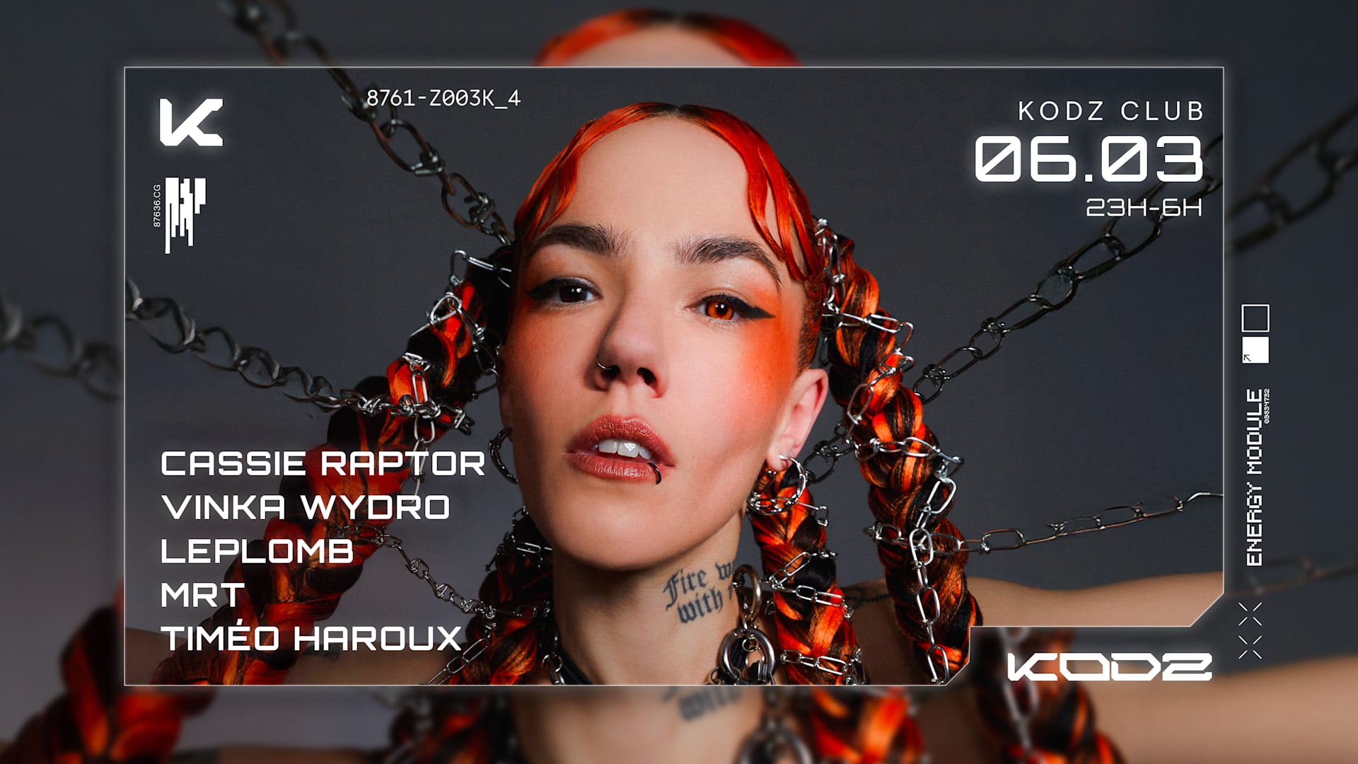 Cassie Raptor, Vinka Wydro, Leplomb & more débarquent au Kodz le 6 mars pour 6h de techno enflammées 🔥 Une nuit à ne pas manquer !