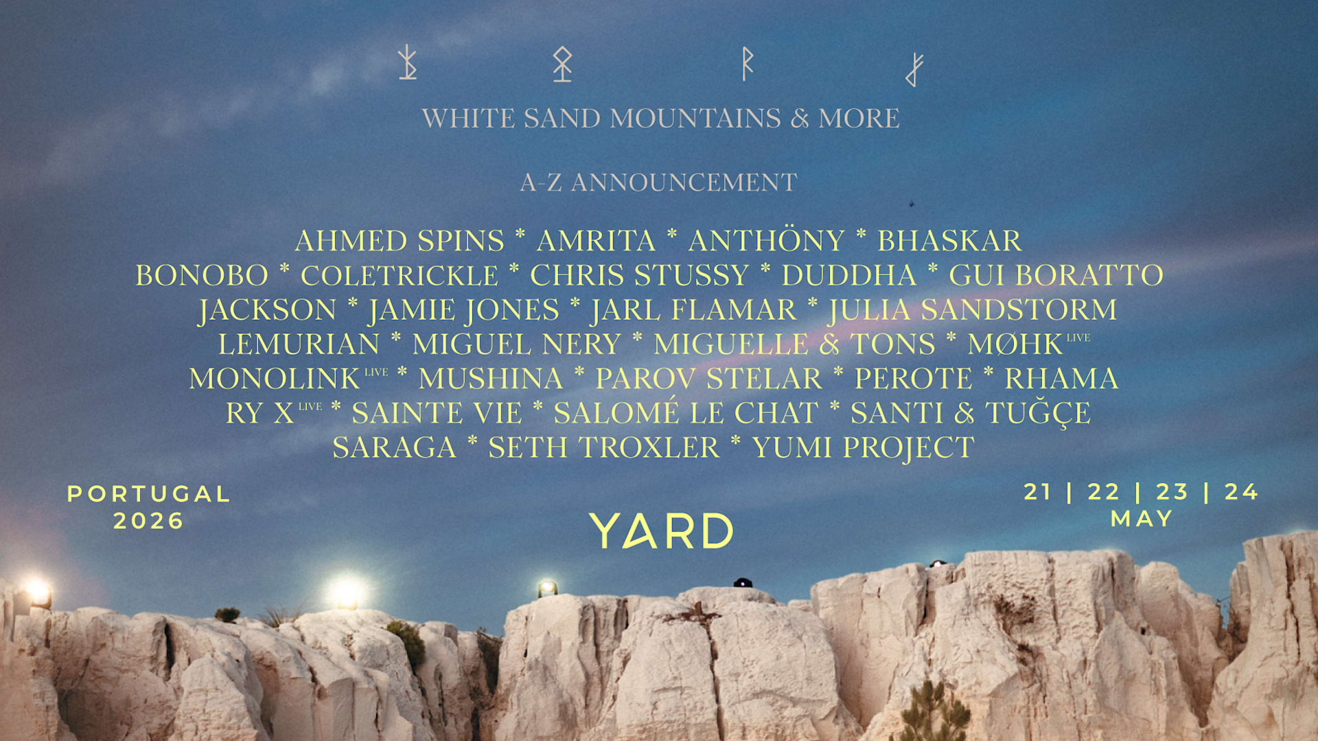 Onde a música encontra as White Sand Mountains. YARD está de volta para a sua edição mais imersiva de sempre. Não fiques de fora, garante já o teu lugar.