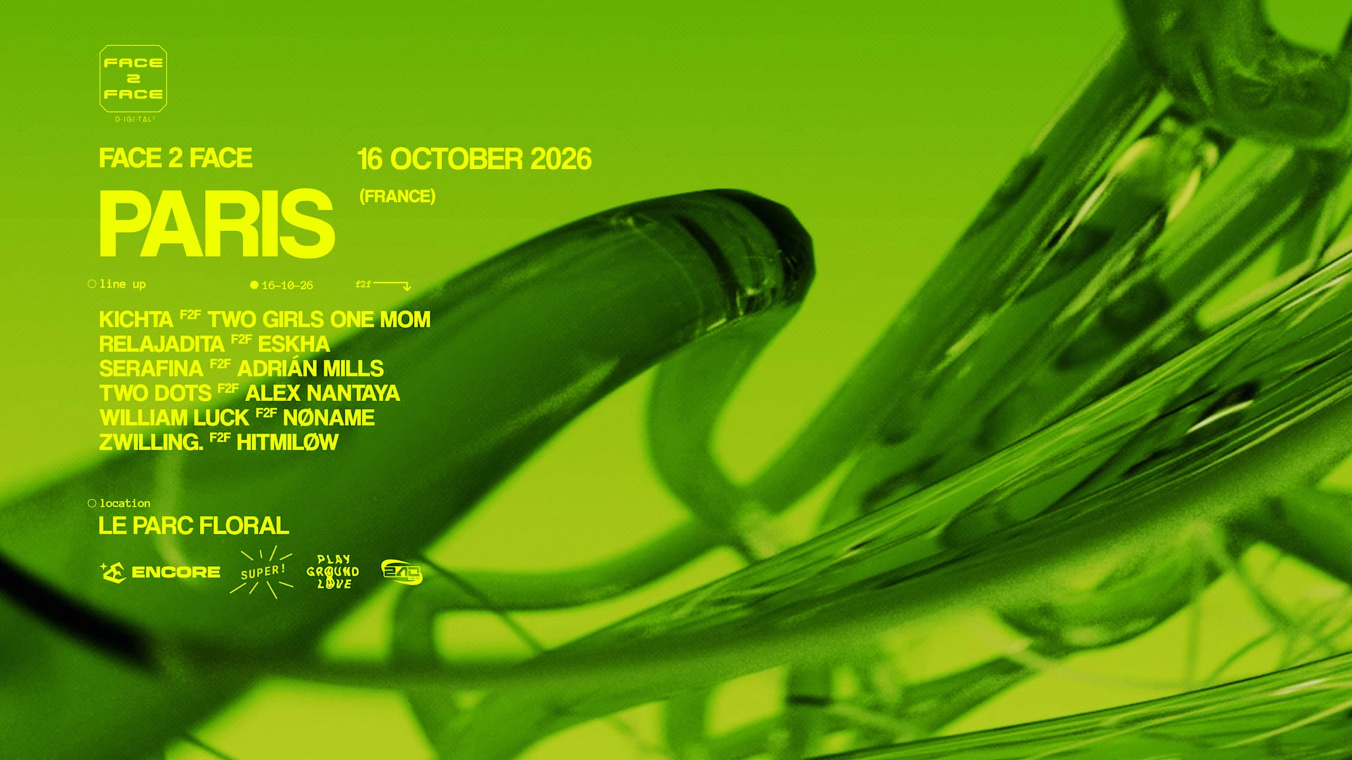 💚 Face 2 Face revient dans la capitale le 16 octobre pour une nouvelle édition de F2F Inédits au Parc Floral de Paris. Retrouve Kichta, 2 Girls One Mom, Eskha, Two Dots & more pour une nuit de fête hors norme. Prends ta place dès maintenant 🎟️