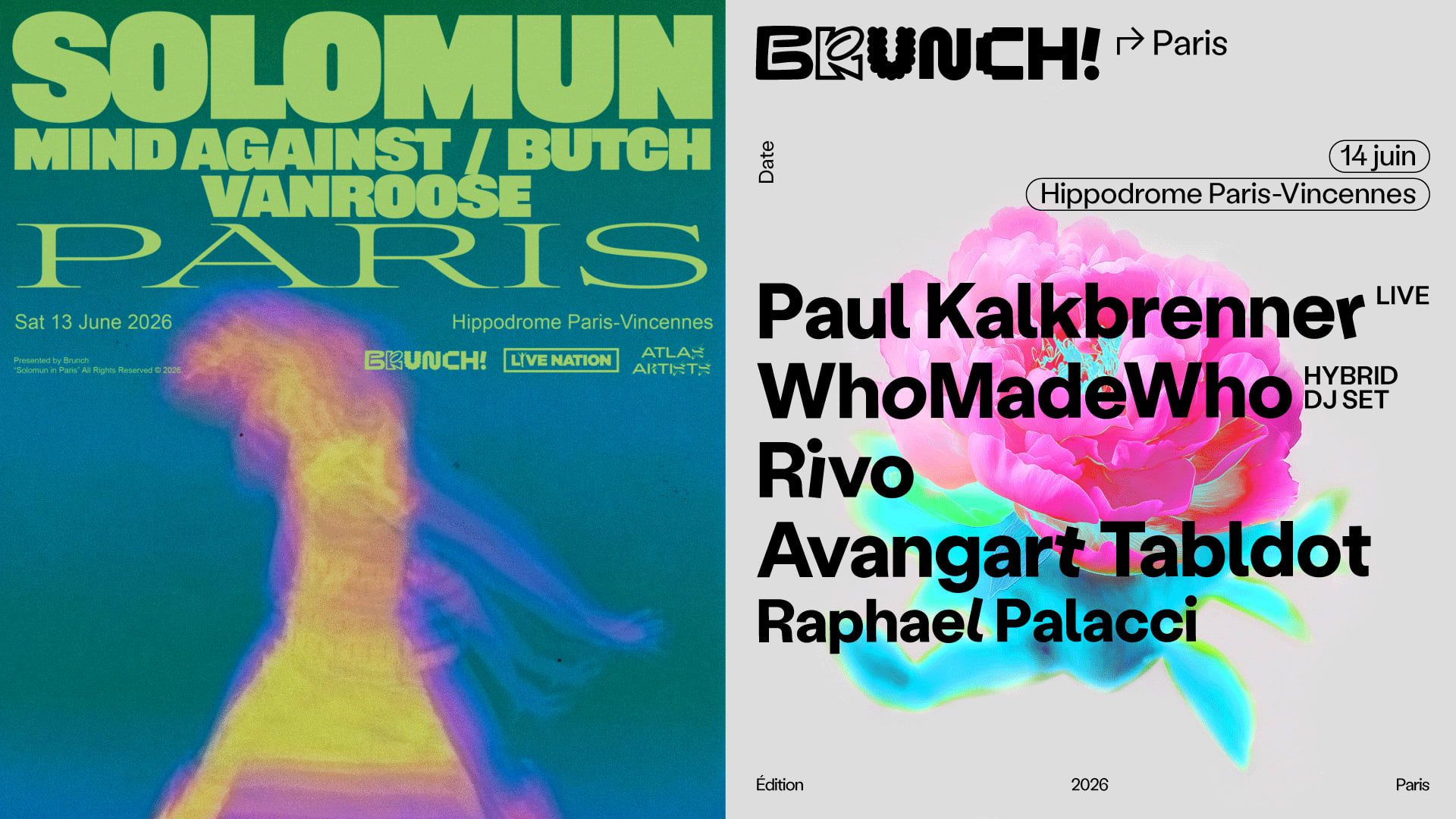 🚨 Les derniers noms de Brunch Electronik Paris sont là. Le 13 juin, Mind Against, Butch & Vanroose accompagneront Solomun pour la journée d’ouverture du brunch le plus électrique de Paris 🔊 Prends ta place dès maintenant 🎟️