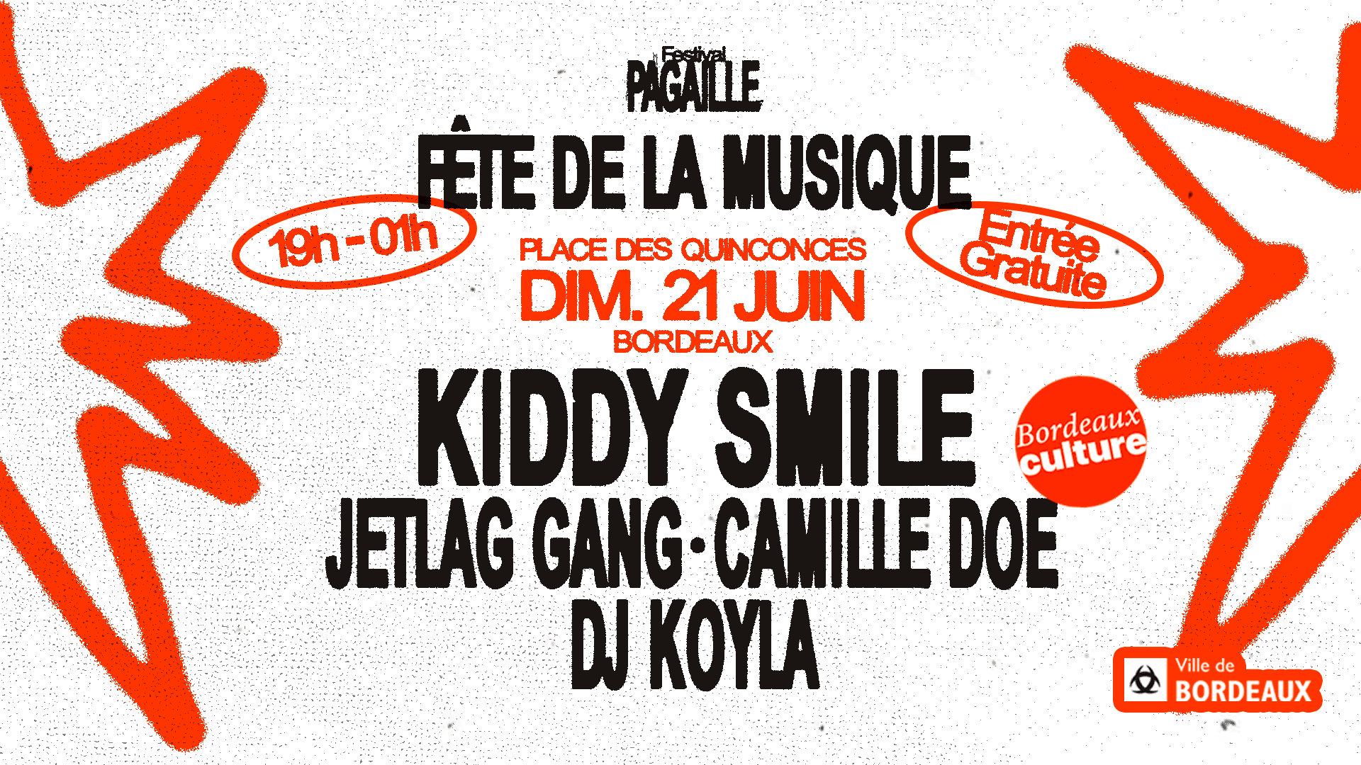 💥 Viens fêter la musique avec Pagaille le 21 juin sur la Place des Quinconces à Bordeaux. Ils te préparent un line-up sur mesure avec Kiddy Smile, Jetlag Gang, Camille Doe & more. Let’s go !
