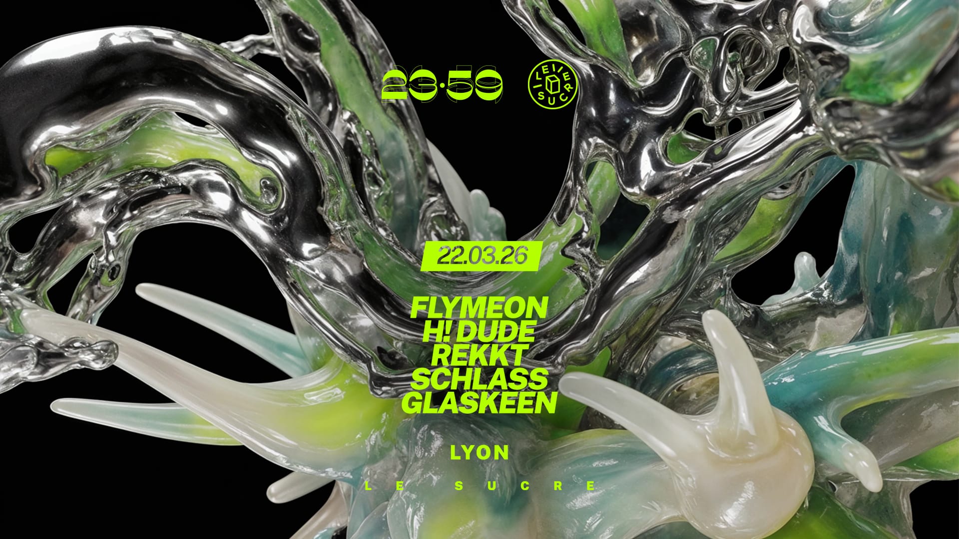 Dimanche au Le Sucre, S.society réunit Flymeon, H!Dude, REKKT, Glaskeen et Schlass pour un closing de week-end entre techno industrielle, hard techno et psy. De 18h à minuit, viens finir la semaine sur le rooftop ! ⚡🪩