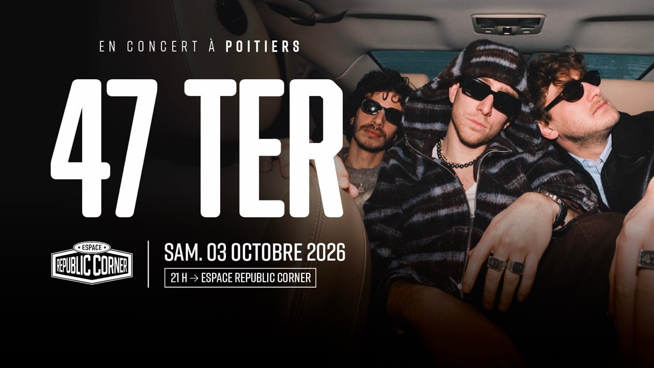 Le 3 octobre, 47Ter monte sur la scène du Republic Corner pour un concert entre rap, pop et mélodies générationnelles. Prends vite ta place et viens chanter « Côte Ouest » en live🎤✨