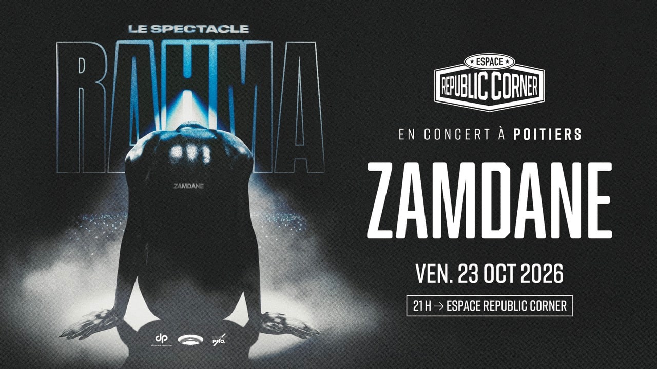 Après deux Olympia et un Zénith complets, Zamdane débarque à Poitiers le 23 octobre avec le spectacle RAHMA, une création inédite et introspective. Un show événement à ne pas manquer, places dispos ! 🕊️✨