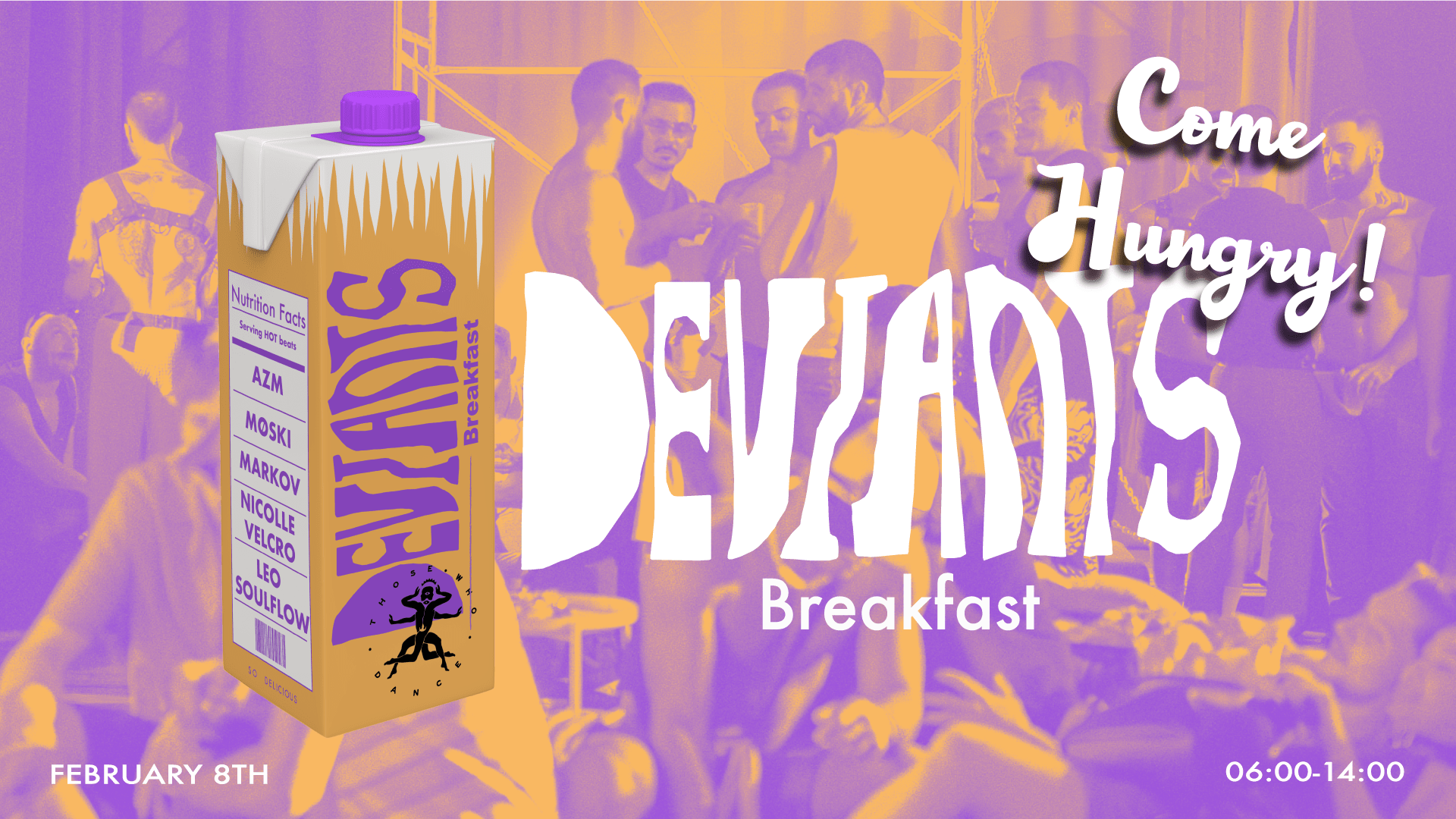 DEVIANTS BREAKFAST: Your late night / early morning dance.
O after que mistura pista, desejo e pequeno-almoço. Cocktails, açaí bowls, croissants e café ao som de AZM, Leo Soulflow, Markov, Møski e Nicolle Velcro.