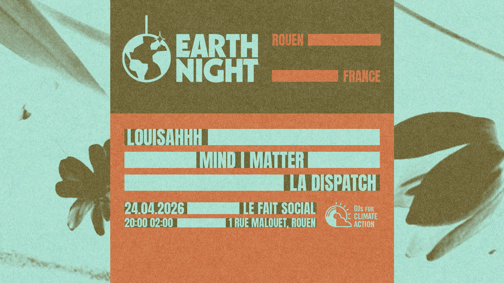 CLUB BOUILLANT x EARTH NIGHT débarquent à Rouen pour une nuit techno engagée et électrique avec LOUISAHHH, MIND I MATTER et LA DISPATCH 💚 Prends ta place dès maintenant ! 🎫