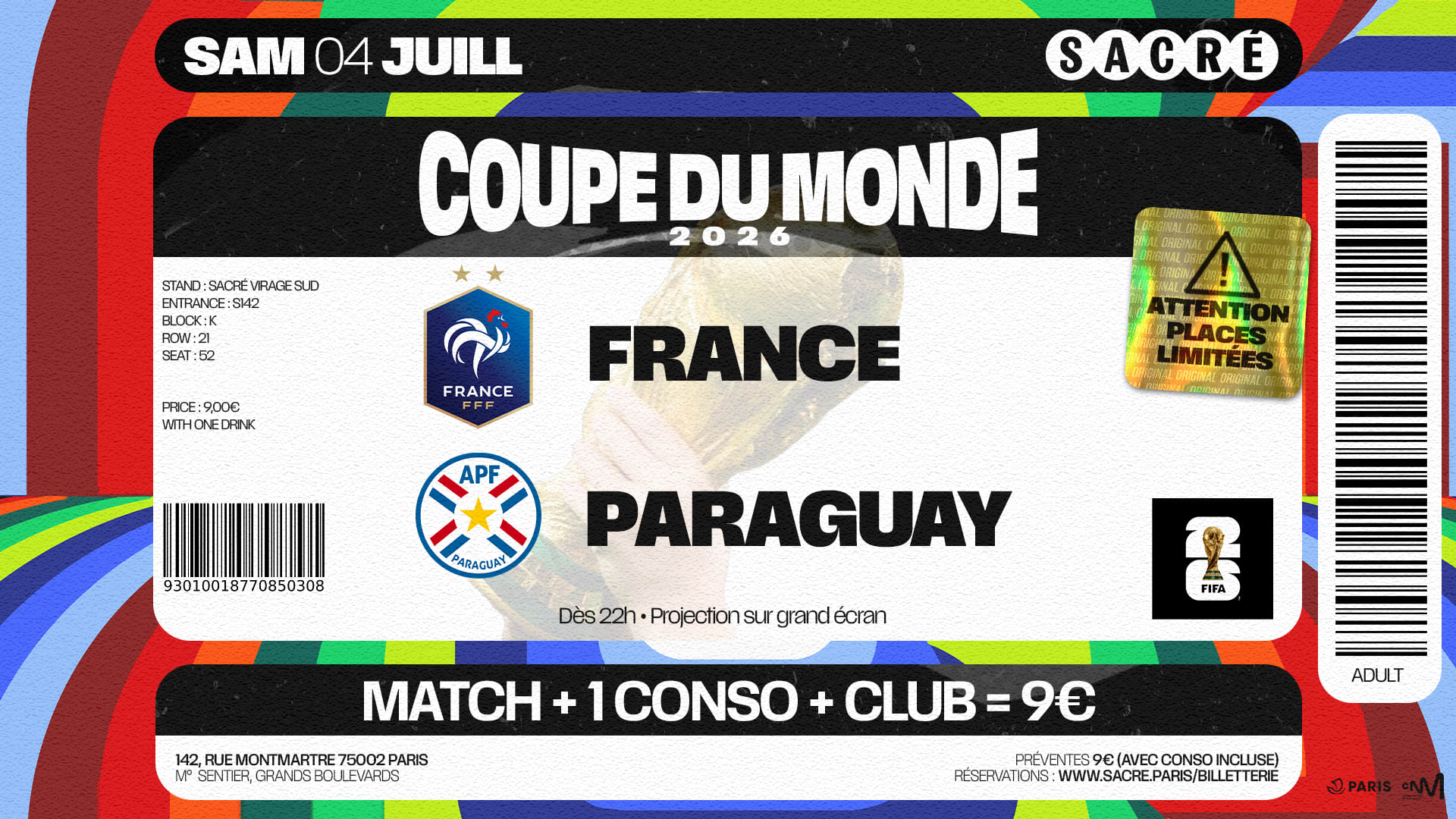 Sacré Fan Zone : France - Paraguay (Seulement 150 Places)