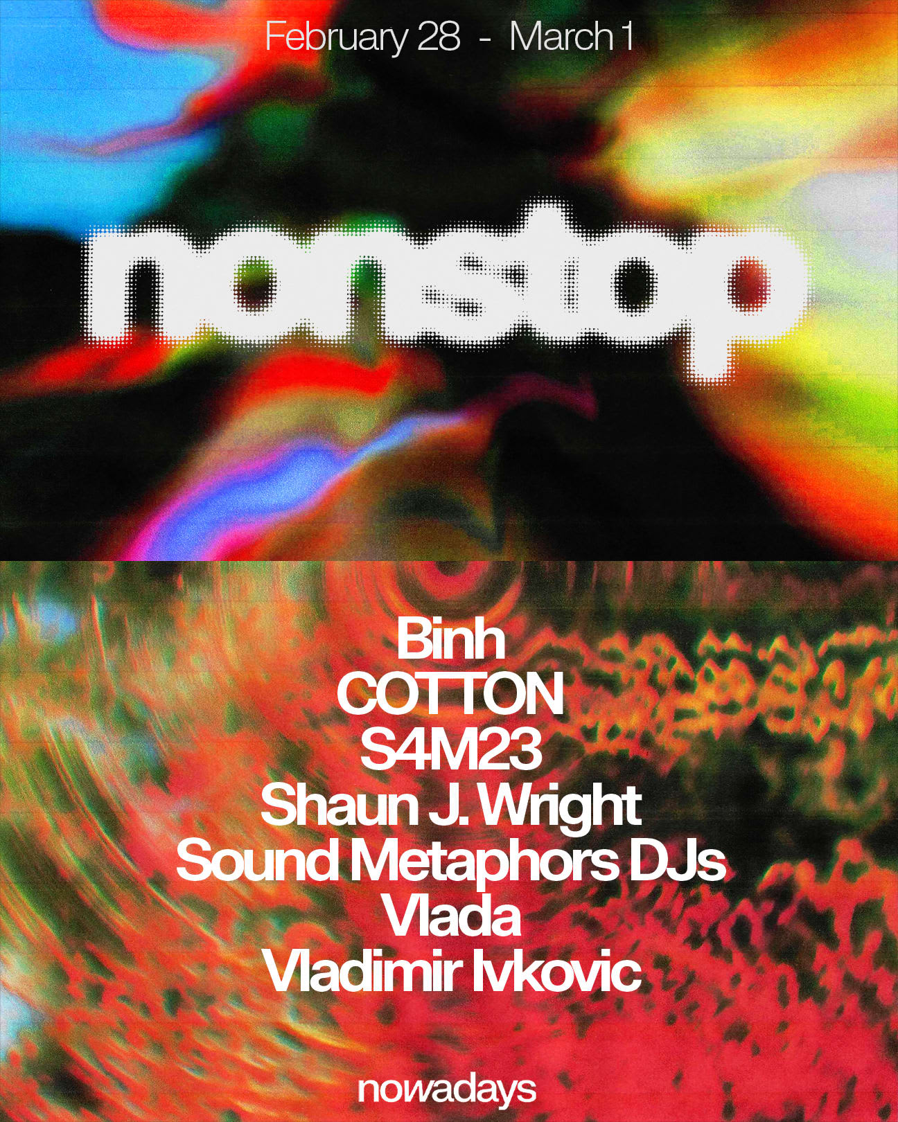 Nonstop: Binh, Cotton, S4m23, Shaun J. Wright, Sound Metaphor Djs, Vlada, Vladimir Ivkovic