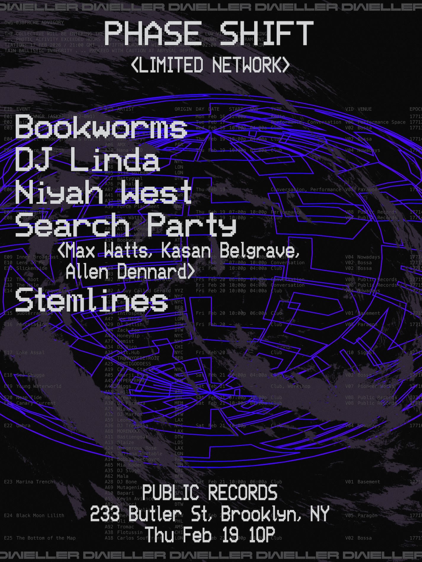 [Dweller] Limited Network With Bookworms, Dj Linda, Niyah West, Search Party, Stemlines