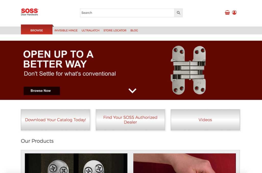 Soss catalog website, promoting hinge and ultralatch handle products, catalog download and hinge calculator