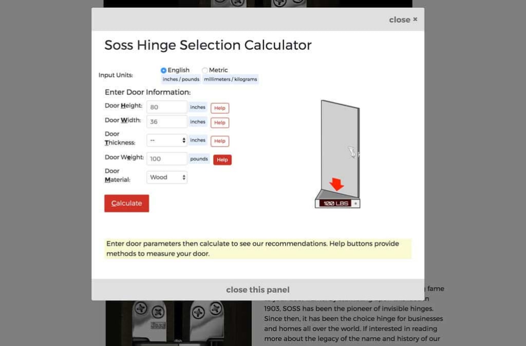 Soss hinge calculator form with SVG animations demonstrating methods to measure door weight.