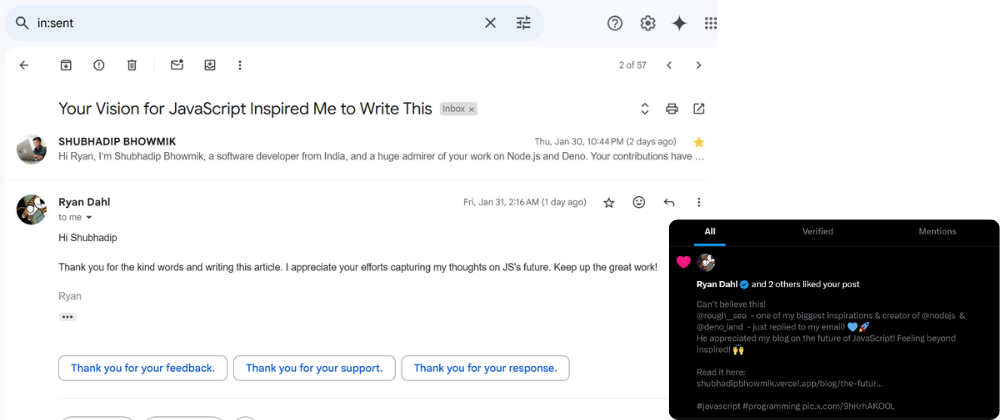 Screenshot of Ryan Dahl's Reply