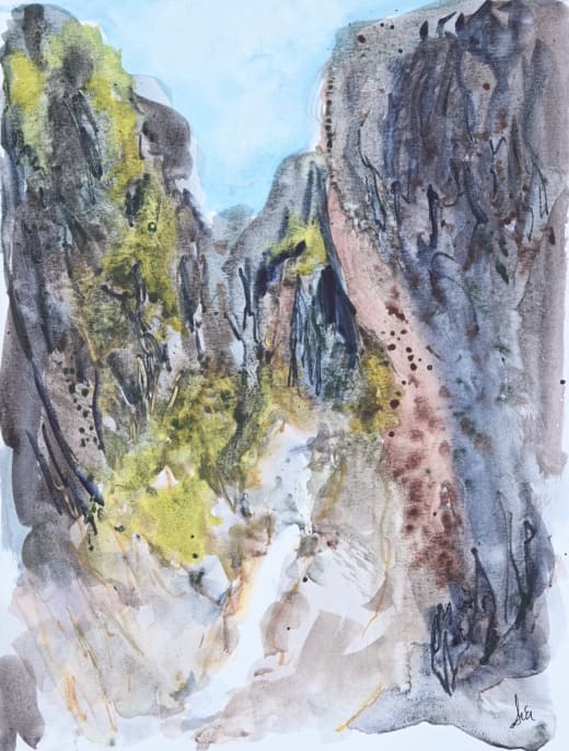 Loose watercolor of a narrow desert canyon.