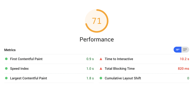 Screenshot of performance scores in Lighthouse (71)