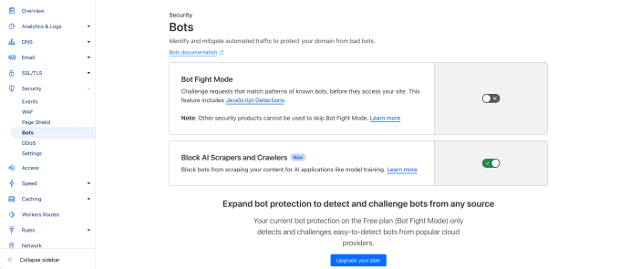 Cloudflare dashboard showing 2 settings: Bot Fight mode (turned off) and Block AI Scrapers and Crawlers (turned on). The side navigation shows that this is within Security, then Bots.