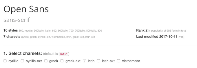 Open Sans charsets include cyrillic, cyrillic-ext, greek, greek-ext, latin, latin-ext, and vietnamese