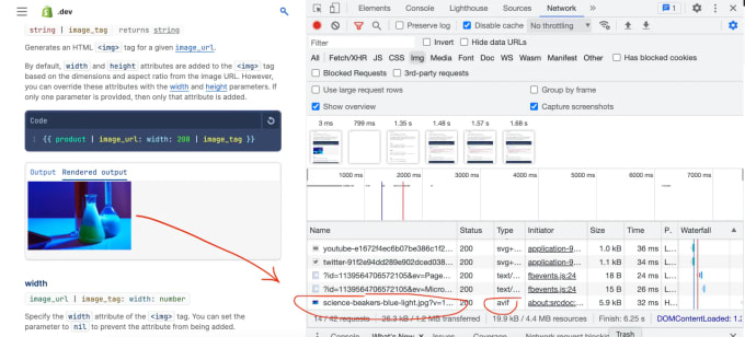 Documentation page with Dev Tools open and pointing to the file type in the network waterfall tab