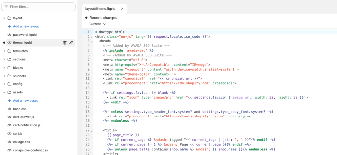 Online store editor showing the folder structure as well as the code for layout/theme.liquid