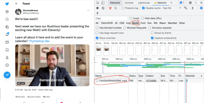 Tweet page with Dev Tools open and pointing to the network waterfall tab
