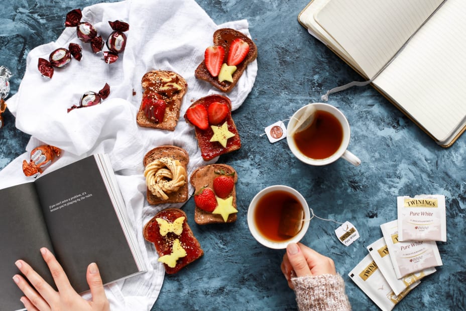 Cups of tea, fancy toast, and reading a book