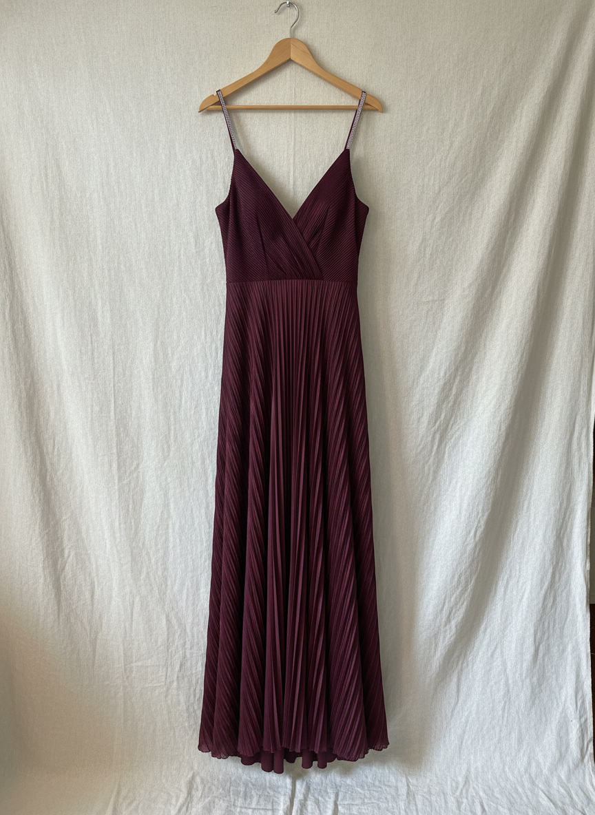 Nightway Burgundy Pleated Evening Gown