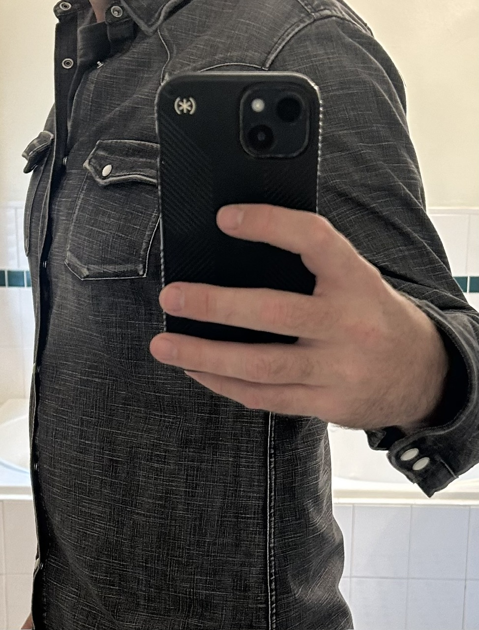 Steve wearing The Kooples Black Jean Shirt