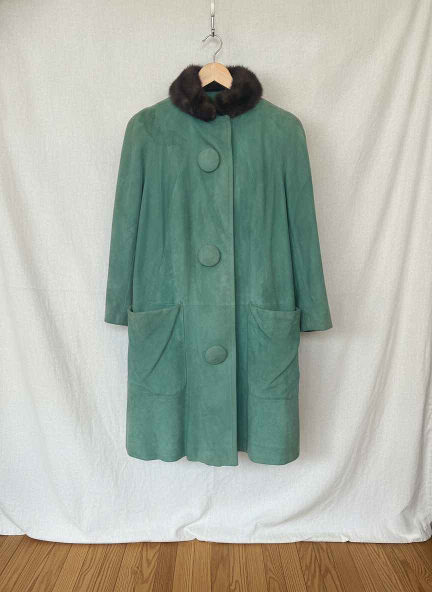 Vintage Green Suede Coat with Fur Collar - Studio Shot