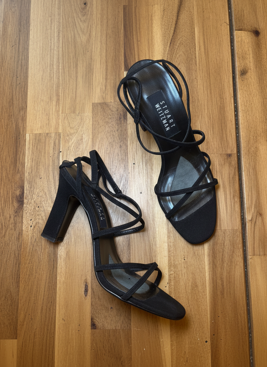 Stuart Weitzman Strappy Black Heels - Styled Flat-Lay