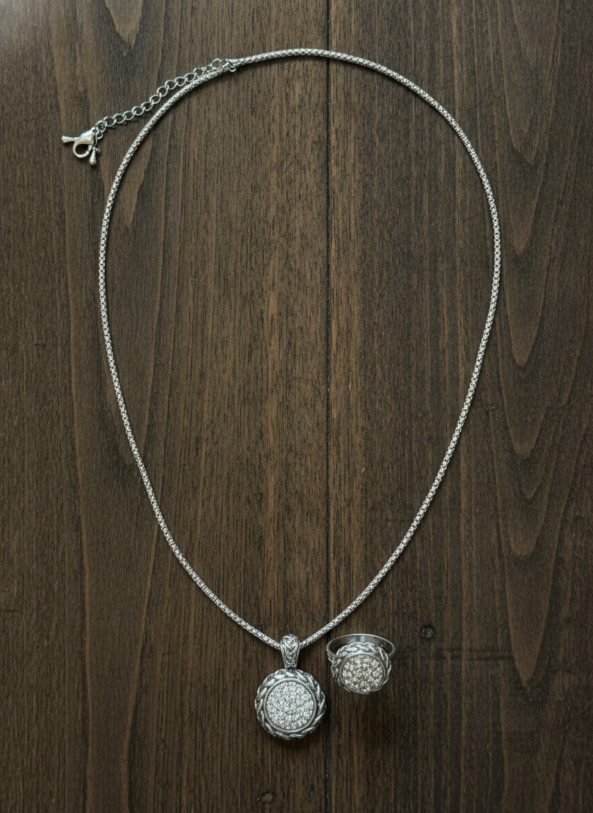 Genevive Silver Pendant and Ring Set - Styled Flat-Lay
