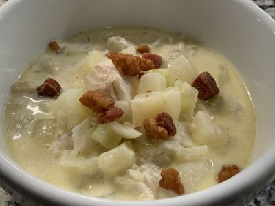 Fish Chowder with Salt Pork Cracklins