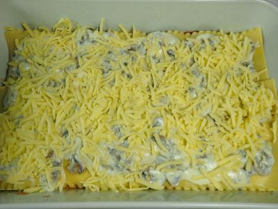 Sprinkle Grated Mozzarella Over the Mushroom Bechamel Sauce