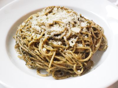 Basil Pesto with Spaghetti and Parmigiano Reggiano on Top