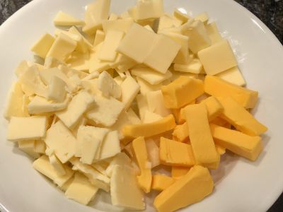 Cheeses Cubed and Ready to Add to the Sauce