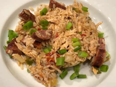 Plate of Jambalaya Served with Green Onions (Scallions)