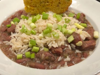 Red Beans and Rice Served with Chopped Green Onions