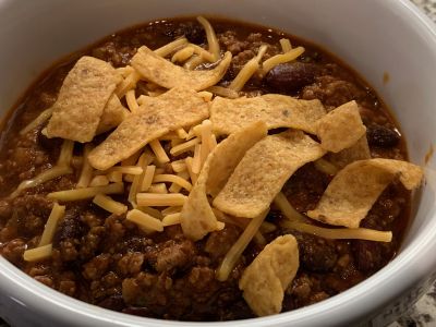 Chili with Cheddar Cheese and Fritos