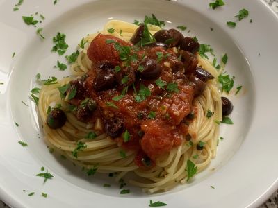 Pasta Puttanesca Topped with Parsley