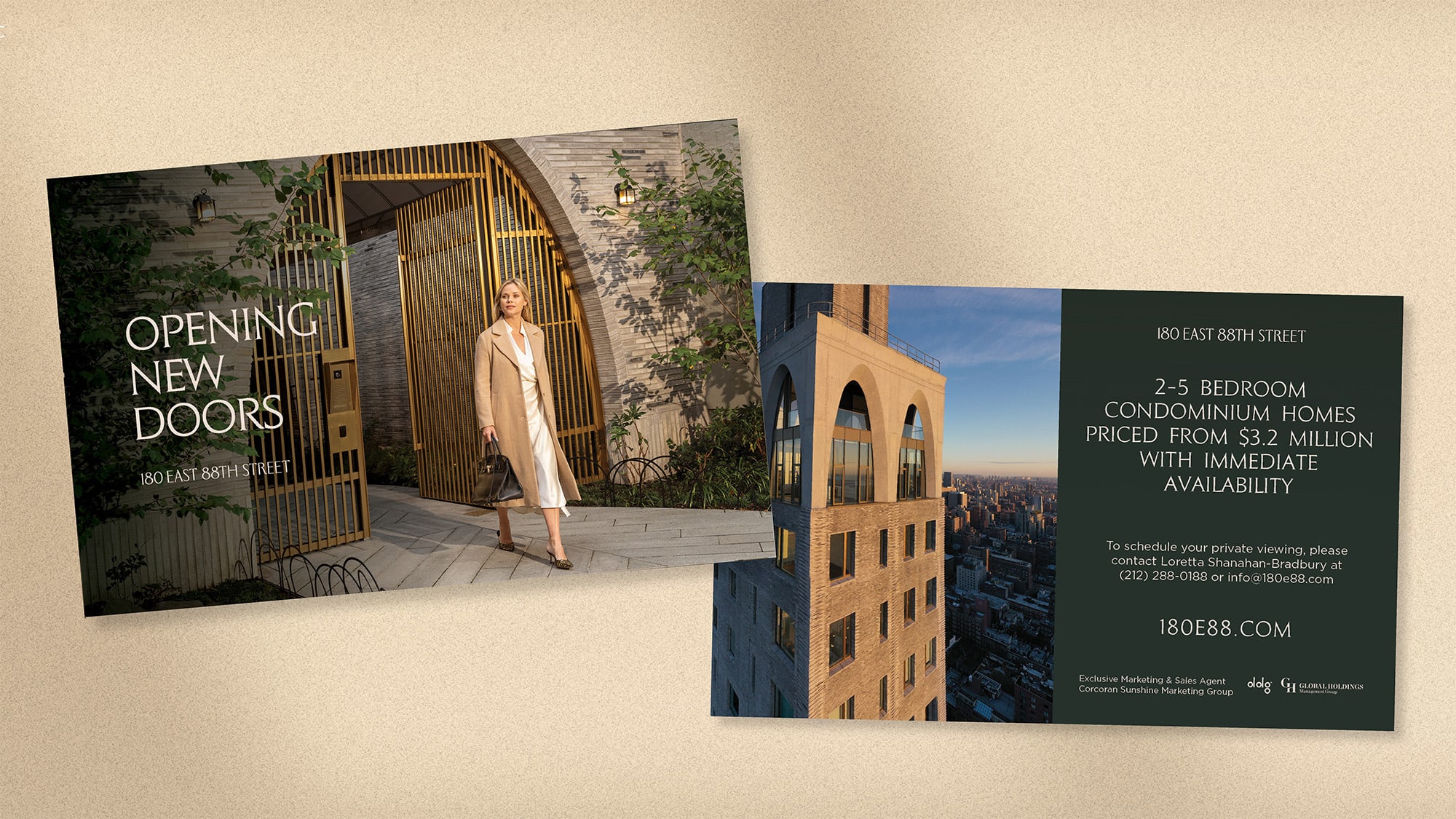 Photo of 180 E 88th luxury condominium postcard mailer featuring woman exiting gold entrance and back of postcard with info