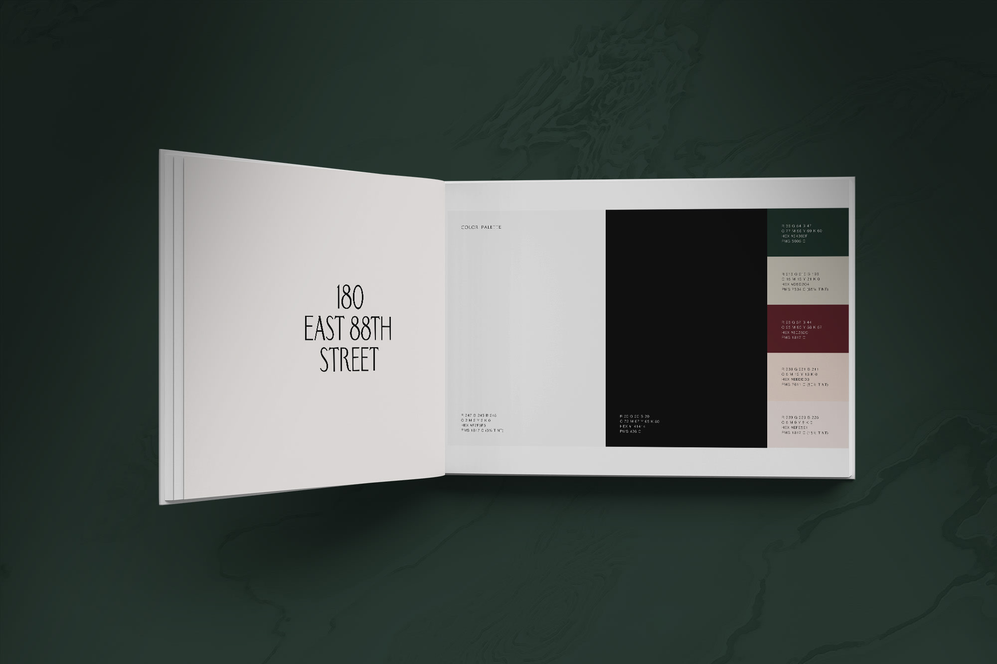 brand book displaying color palette for 180 E 88th brand identity