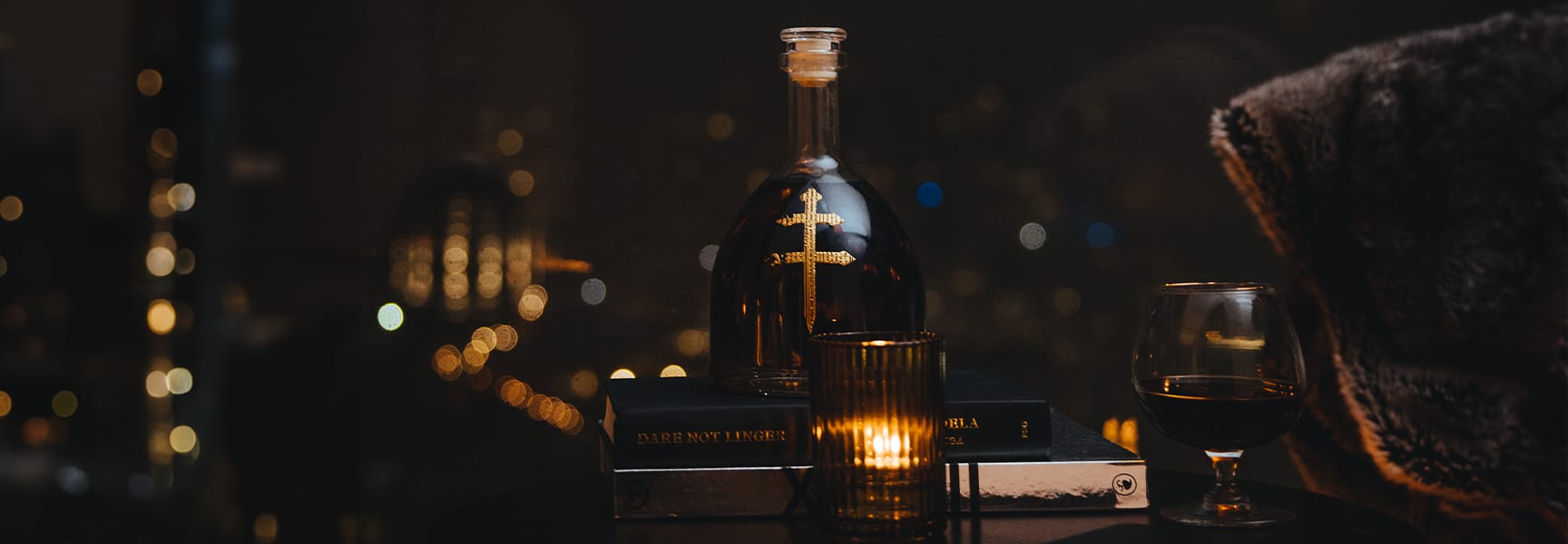 D'USSE cognac bottle against New York City backdrop photoshoot produced by Sideways Creative agency