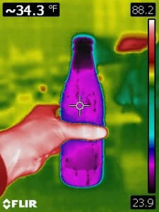Image showing temperature uniformity in beer bottle using a FLIR imaging camera in support of customized product testing