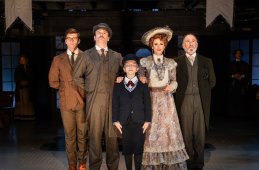 Jake Loewenthal (Mother’s Younger Brother), Bill English (Father), Matthew Lamb (The Little Boy), Teal Wicks (Mother), Lawrence Redmond (Grandfather) in Ragtime at Signature Theatre. Photo by Christopher Mueller