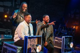 3.Isaac “Deacon Izzy” Bell (Narrator), Deimoni Brewington (Youth), and Tobias A. Young (Mr. Franklin) in Passing Strange at Signature Theatre. Photo by Daniel Rader