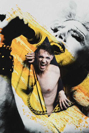 A shirtless person stepping through a ripped yellow and black and white image of a singer singing into a microphone.