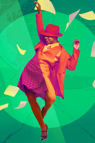 Person wearing a red suit, hat, skirt, and heels dancing joyfully against a green abstract background, surrounded by floating sheets of music.